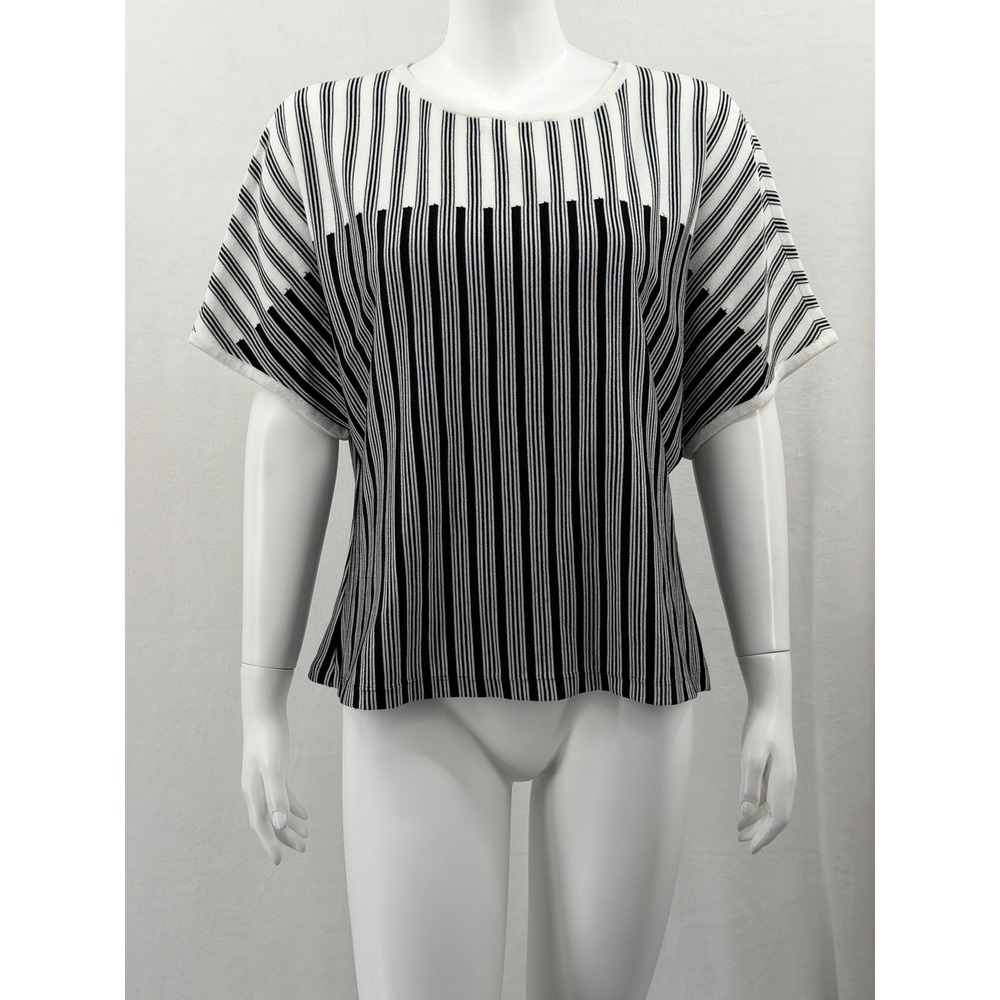 Ming Wang Top Womens Medium Black White Striped Knit Dolman Sleeve Office Modern